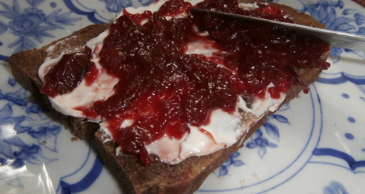 I think this is how Mom would have liked it: slathered in our homemade sour cherry jam!