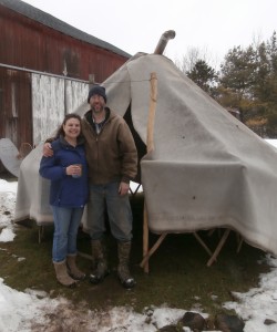 Darrell and I on Maple Syrup Day outside the yurt.  Instead of snow, with the warmer weather, we were slopping through mud!