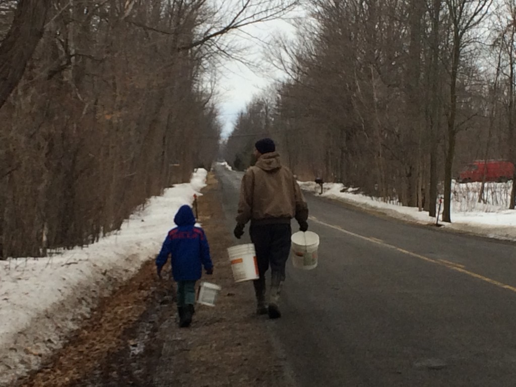 Darrell still sharing the work of gathering sap with our grandson.